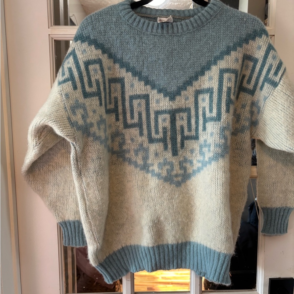 Icelandic Wool Light Blue & Cream Patterned Crewneck Sweater